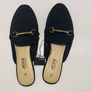 Black Faux Suede Mules with Gold Link